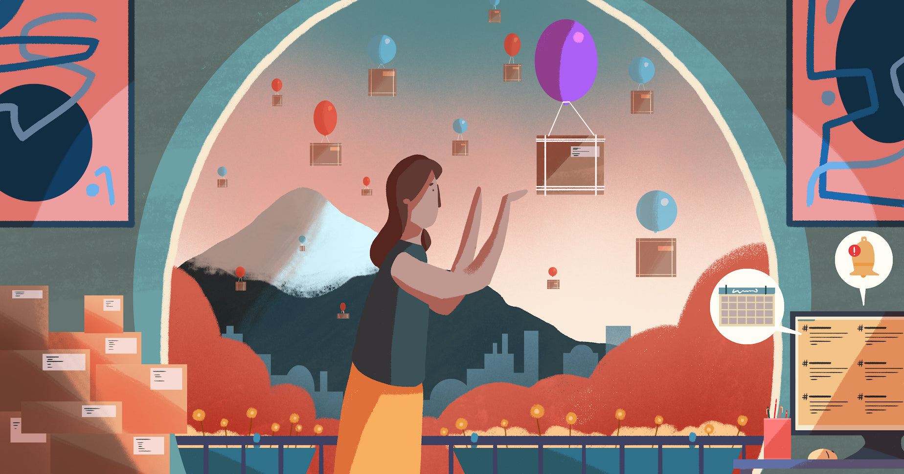 Illustration of a person sending packages into the air attached with balloons.