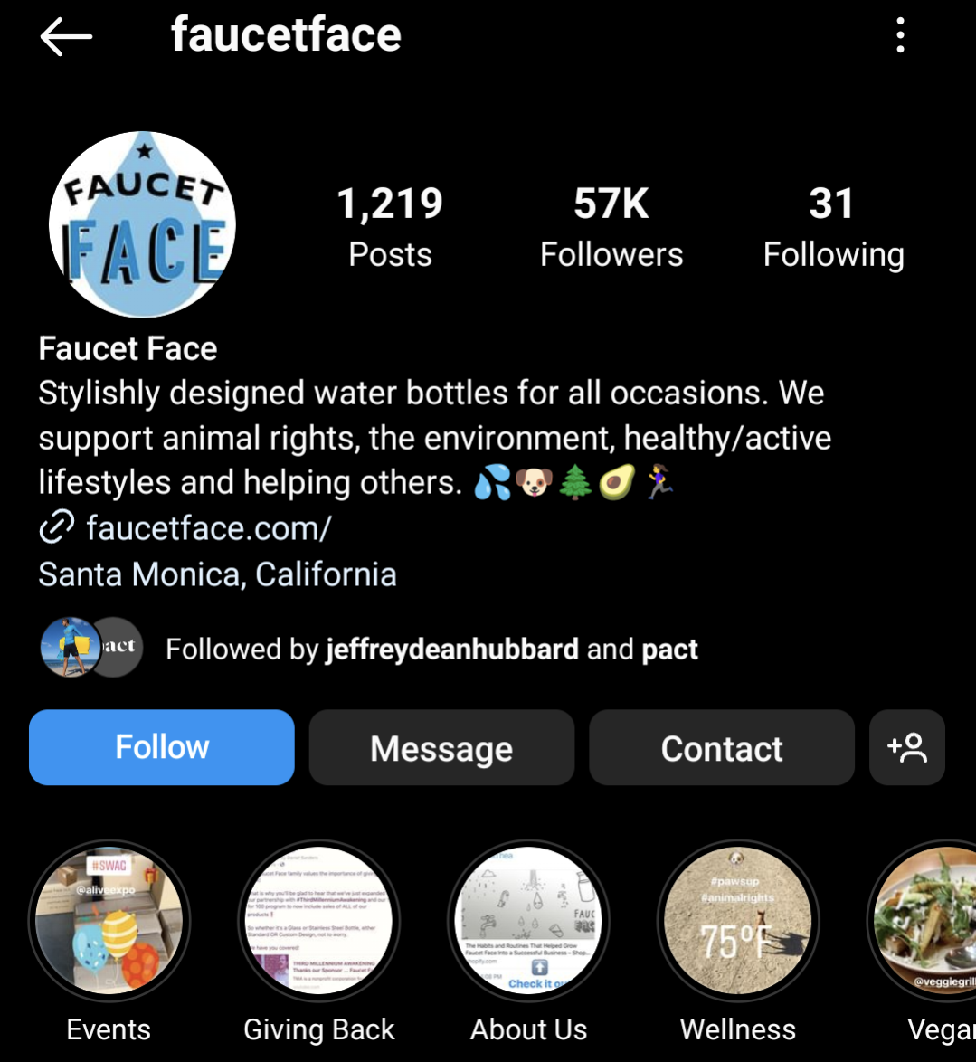 Faucet Face shares the brand's mission in its Instagram bio