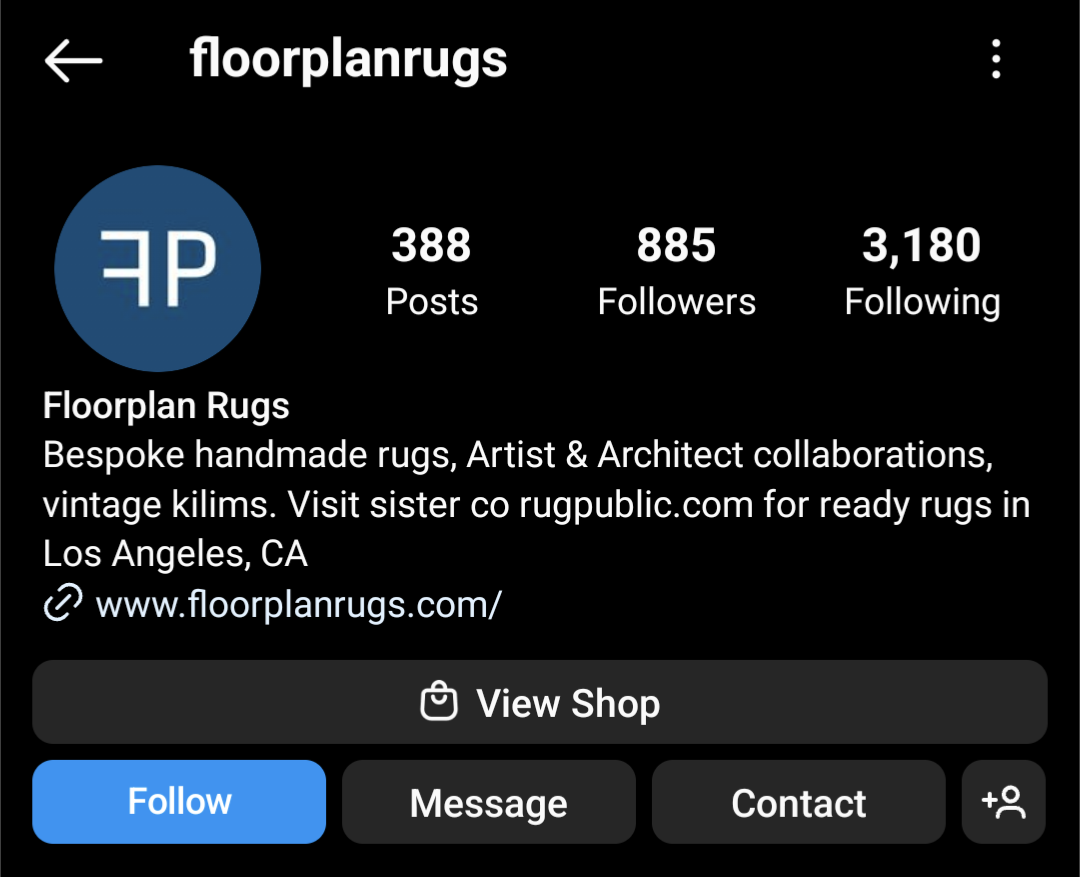 Floorplan Rugs uses its Instagram bio to promote its physical stores