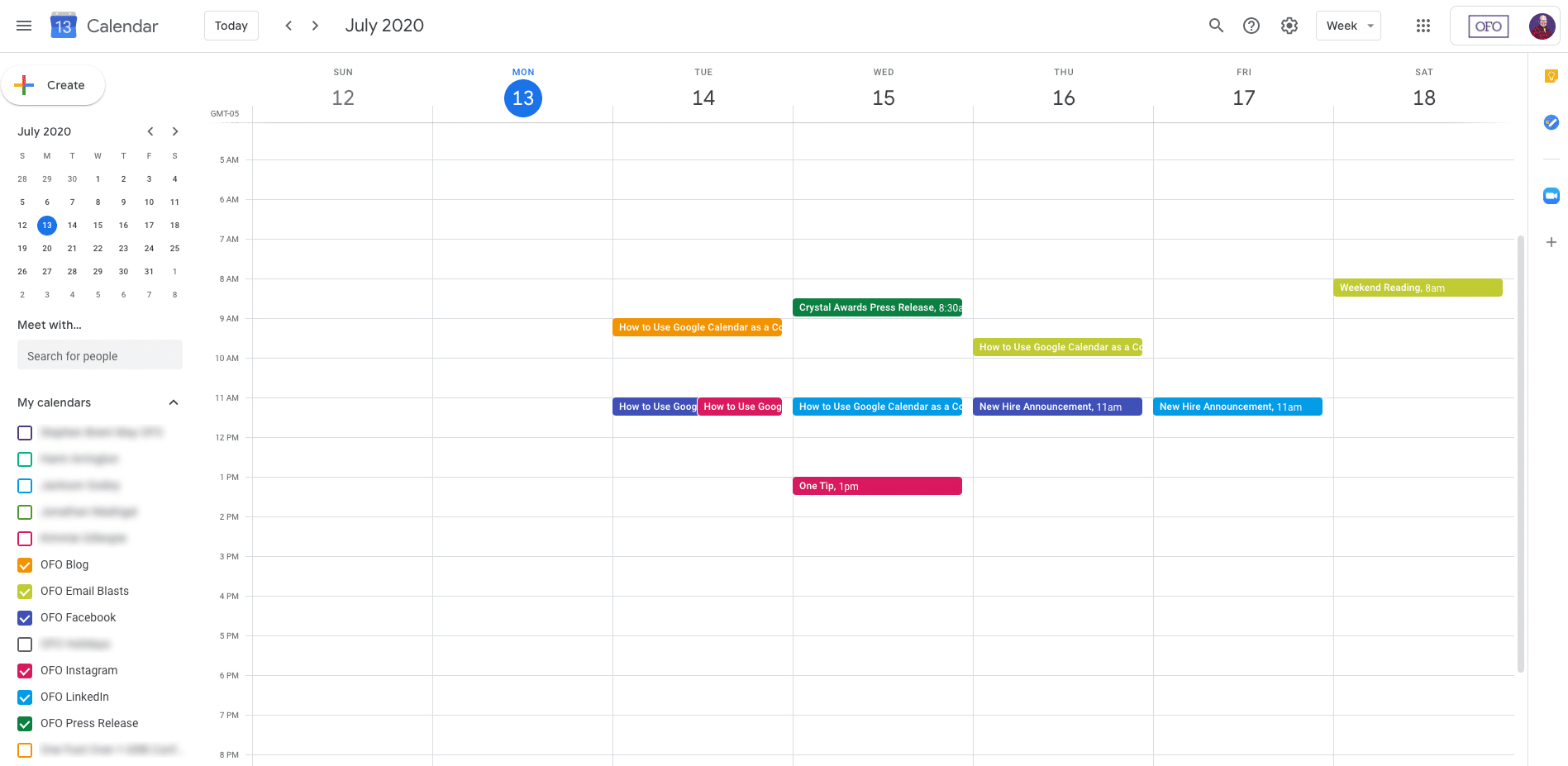 Google Calendar’s monthly view shows the due dates and times for upcoming social media content.