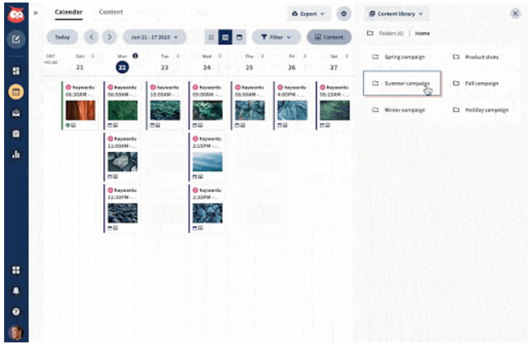 Hootsuite’s weekly social media calendar shows upcoming posts and accompanying visual assets.