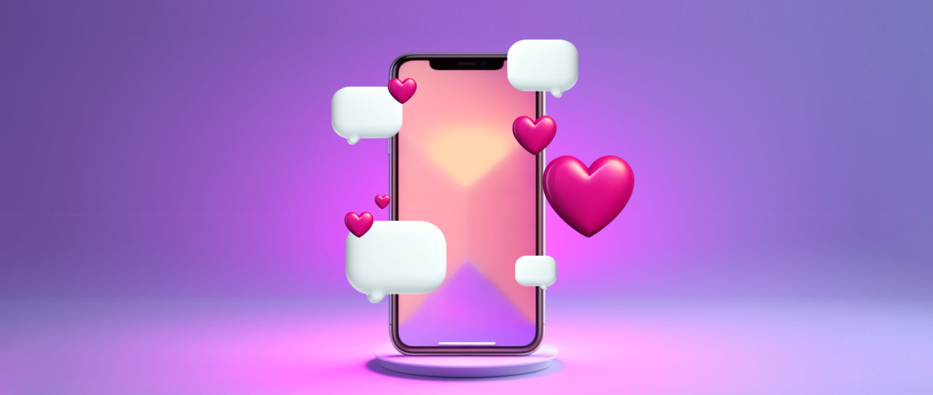 Illustration of a mobile phone with 3D bubbles and hearts floating around it