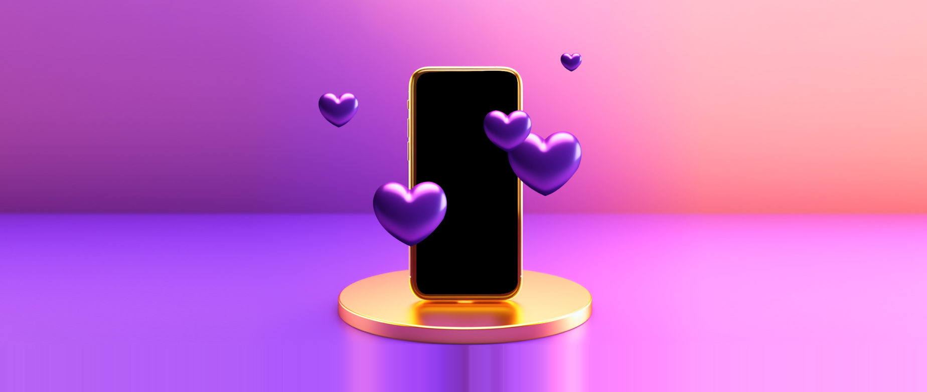 Graphic of a mobile phone with heart shapes bubbles floating around it