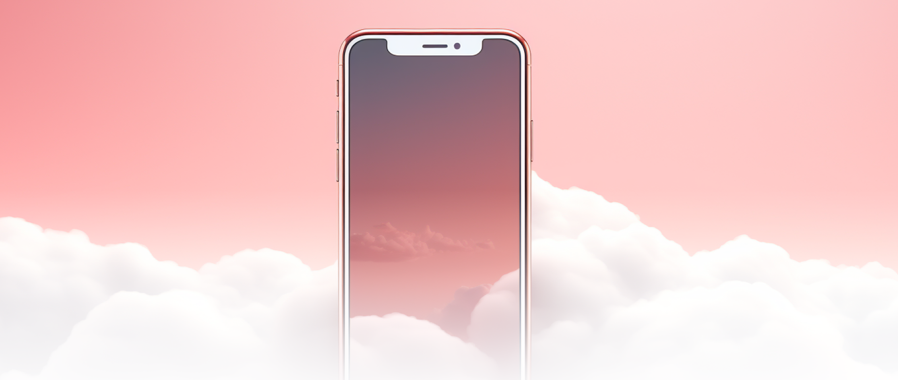 A phone in the clouds with a pink background.