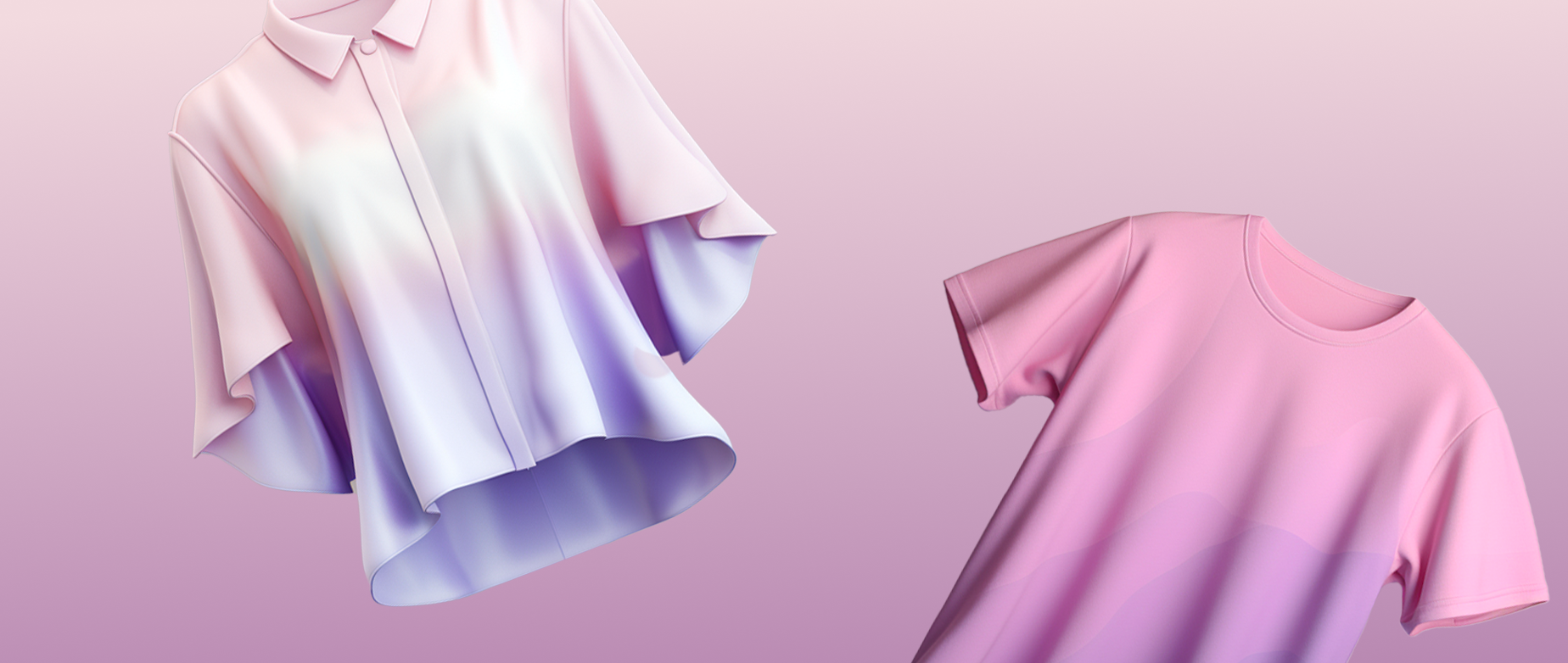 Two fashion tops float on a gradient pink background