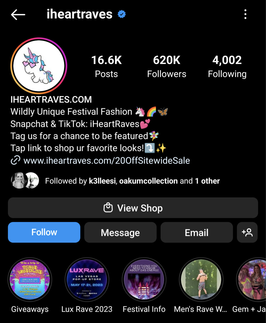 iHeart Raves Instagram bio uses emojis to appeal to their customers