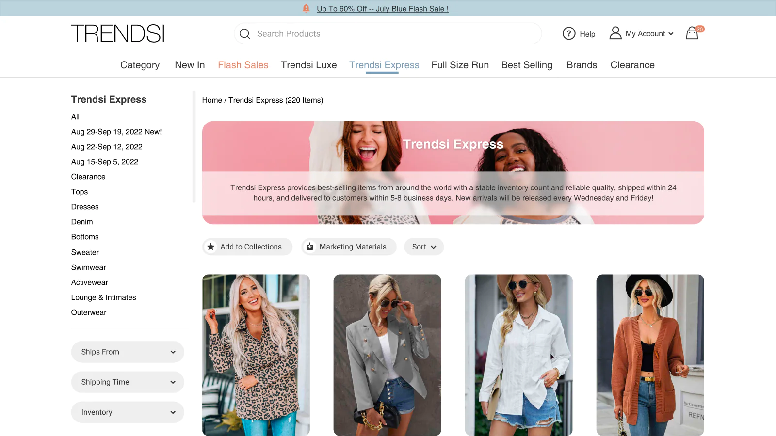 Dropshipping product page with images of clothing models and a sidebar with product filters.