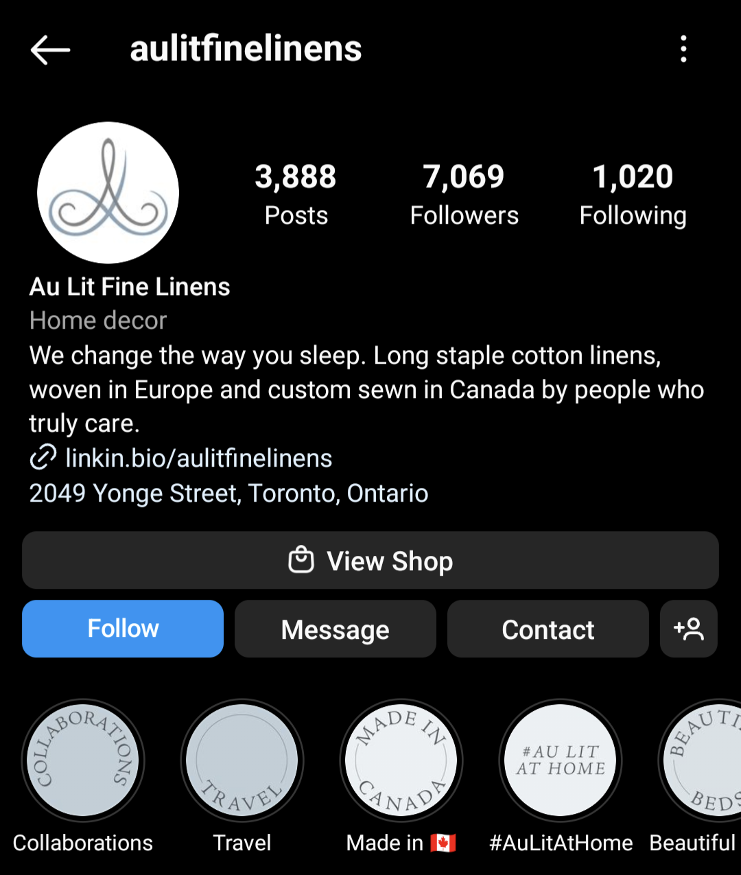 Au Lit Fine Linens uses a clean and simple aesthetic for its Instagram bio