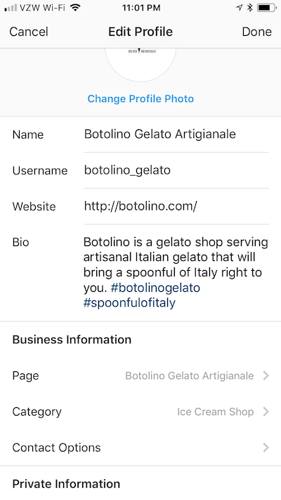The edit profile page for a gelato business's Instagram account, showing profile fields