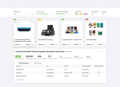 SaleHoo nav bar above images for products including suitcases, portable speakers, and socks.