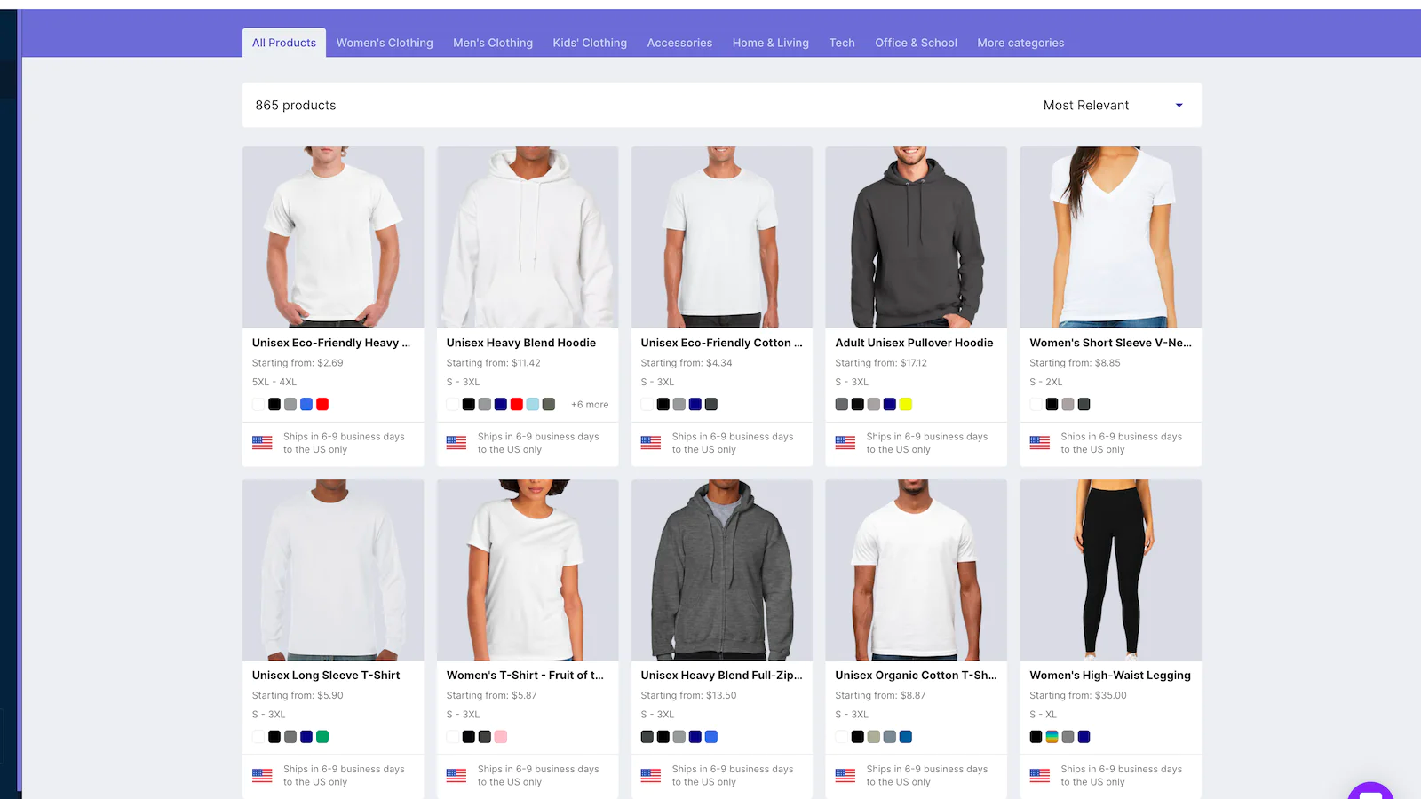 Product listings for men’s and women’s T-shirts and hoodies in white and gray colorways.
