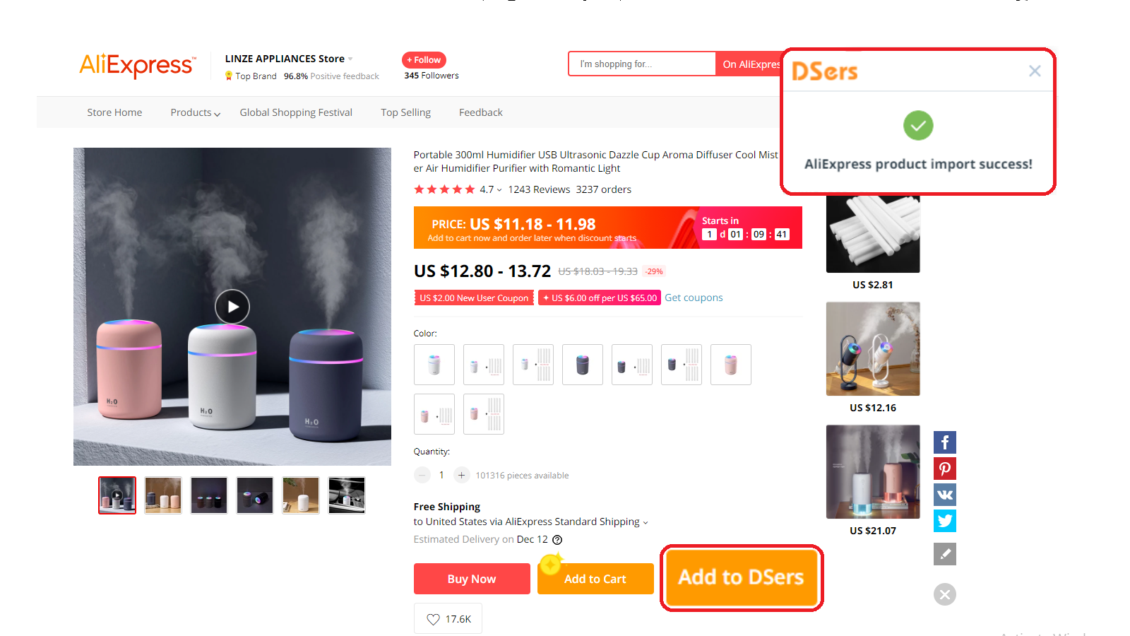 AliExpress homepage featuring a humidifier product listing and DSers dropshipping options.