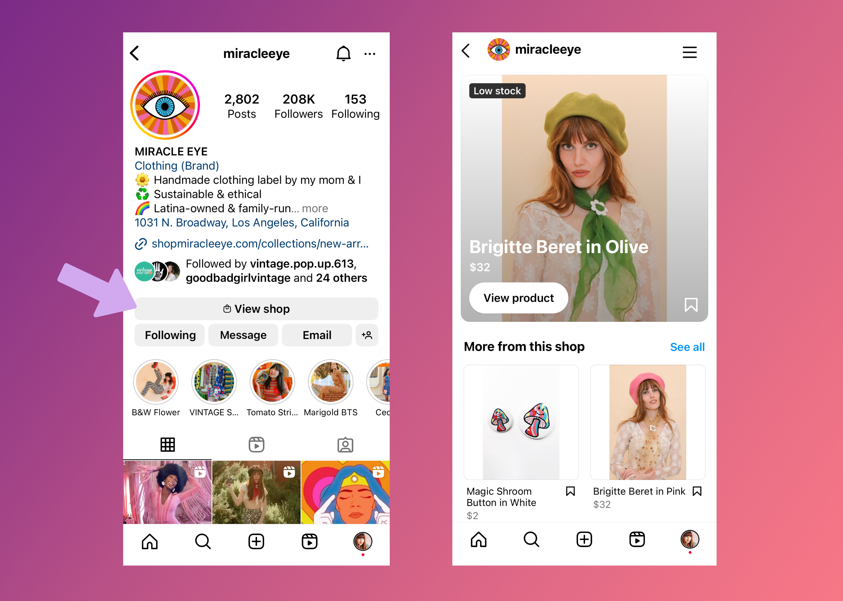 Side by side mobile screen shots showing an Instagram shop flow