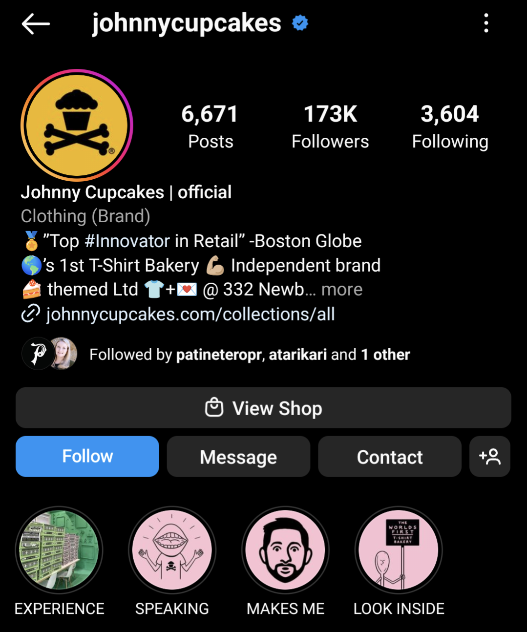Johnny Cupcakes Instagram bio featuring social proof