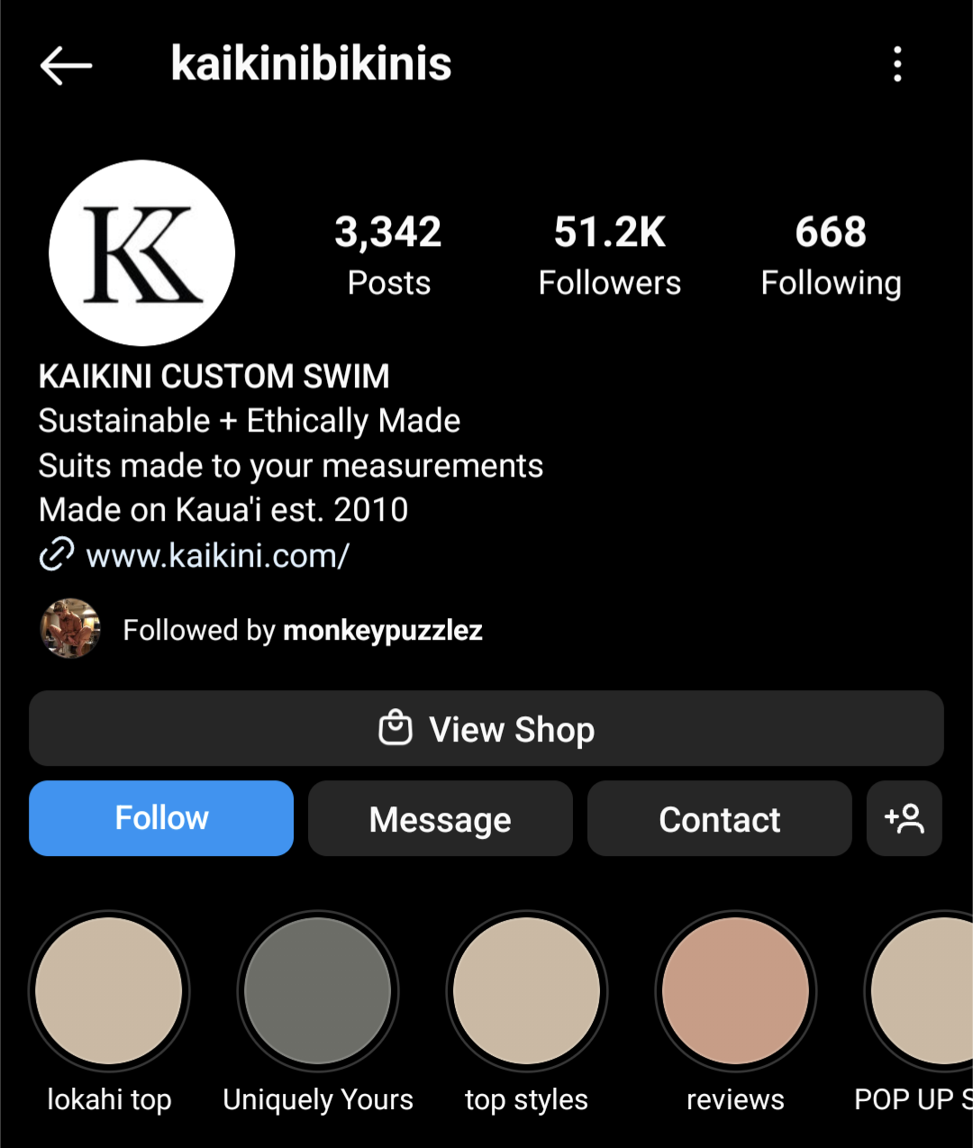 Swimwear brand Kaikini Bikinis Instagram bio showing its brand values