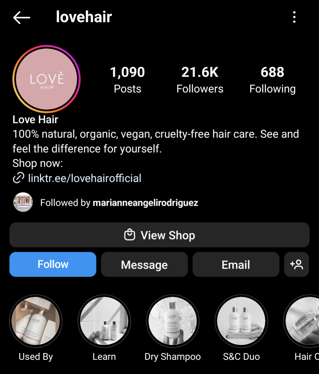 Love Hair uses its Instagram bio to drive users to its shop
