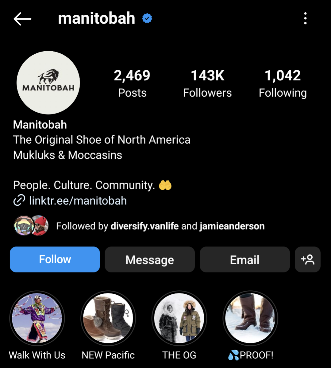 shoe brand Manitobah Mukluks Instagram bio showing a clean, on brand look