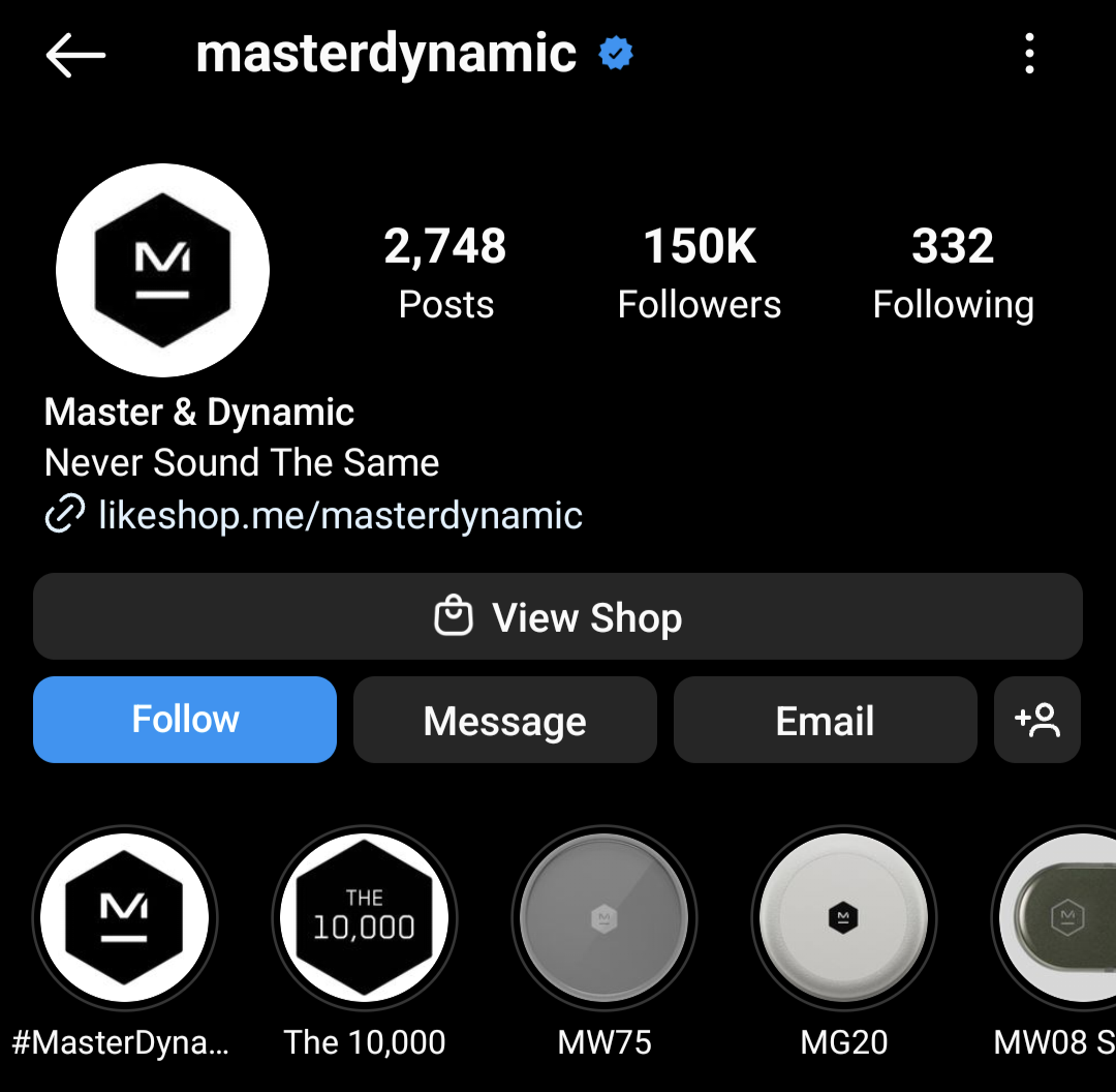 Master and Dynamic's Instagram bio is clean and clear, just like the brand