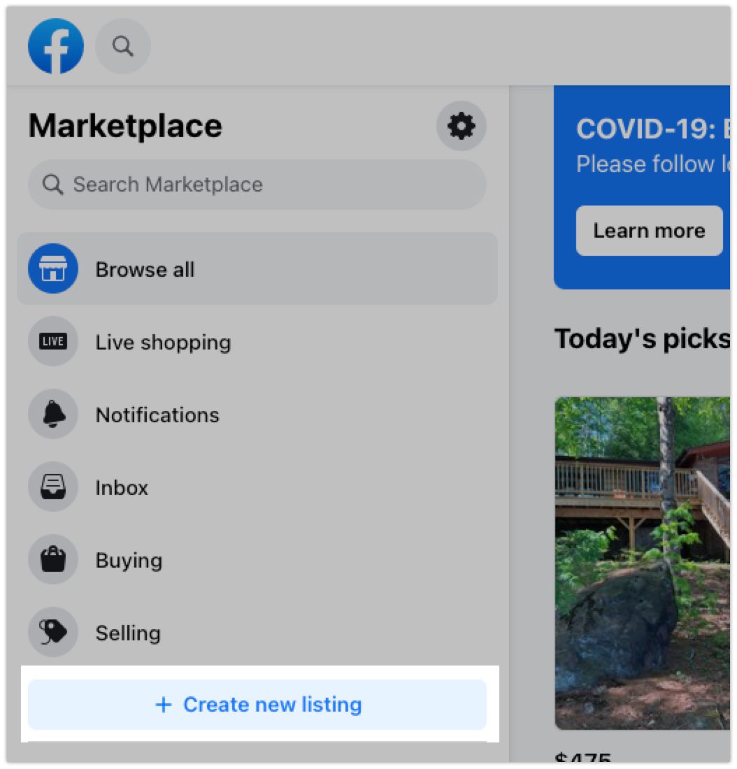 Create new listing Facebook Marketing button