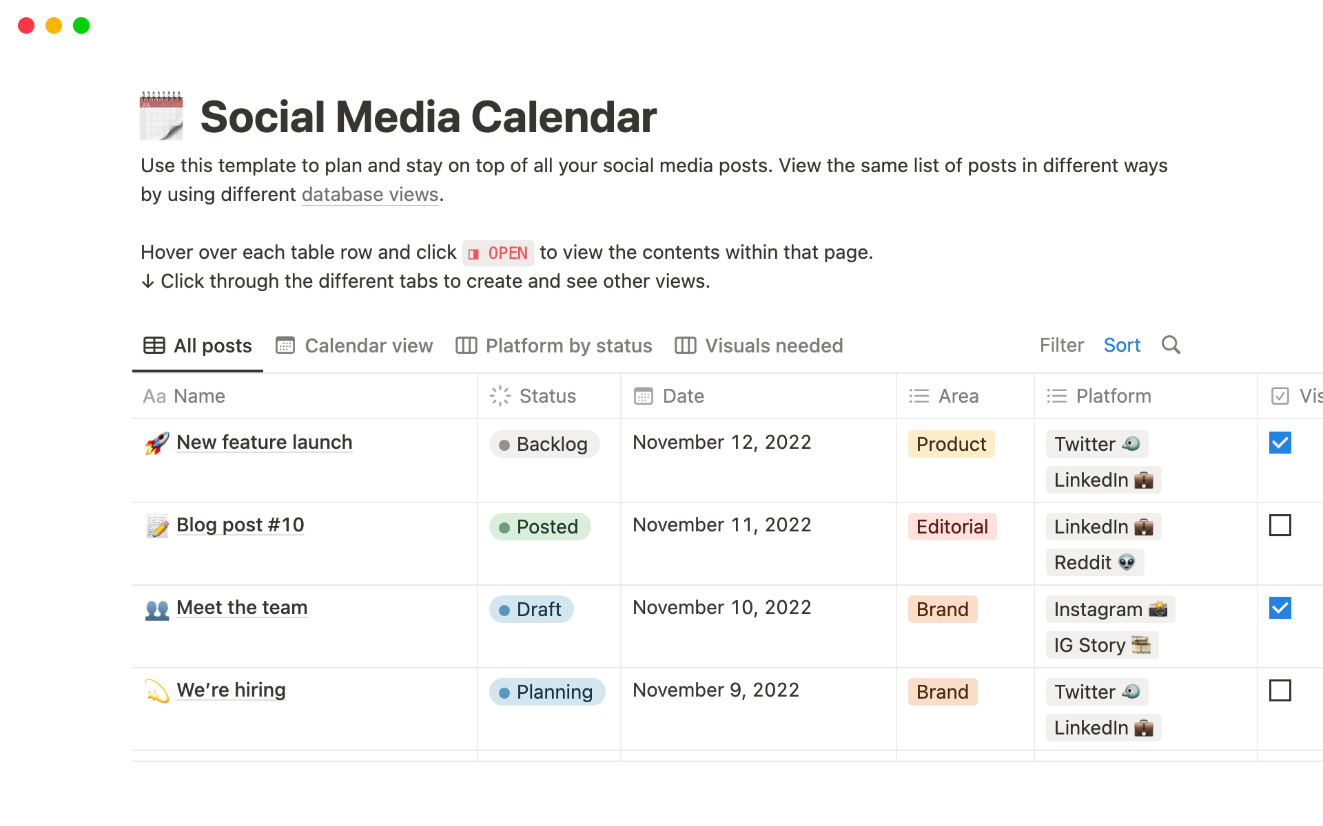 A social media calendar template on Notion with the name of the post, due date, and platform.