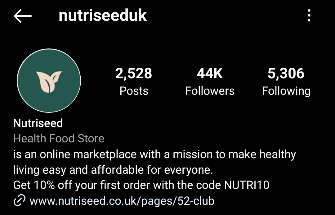 Nutriseed uses a 10% off promo code in its Instagram bio