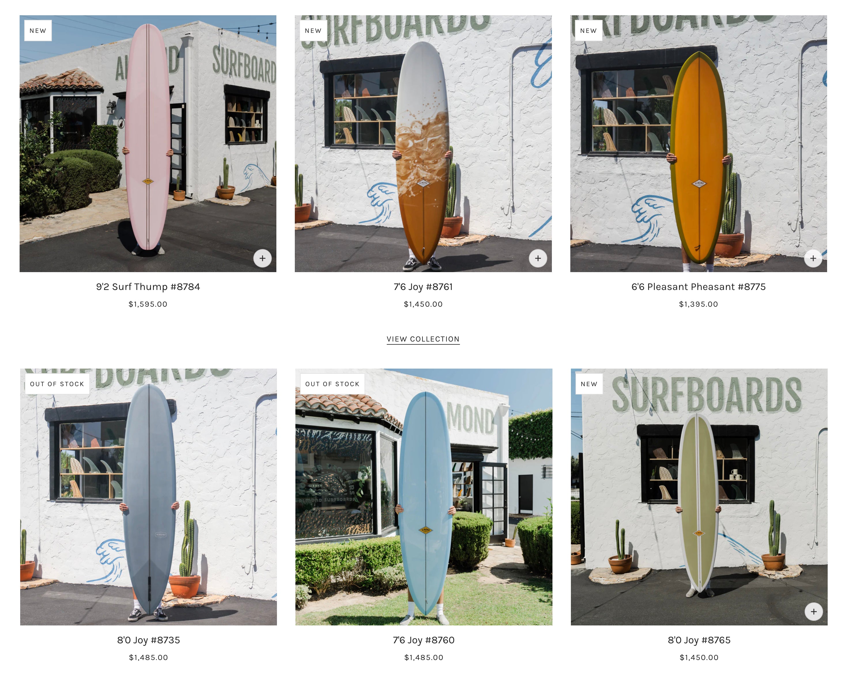 Ecommerce website collection page for Almond Surfboards