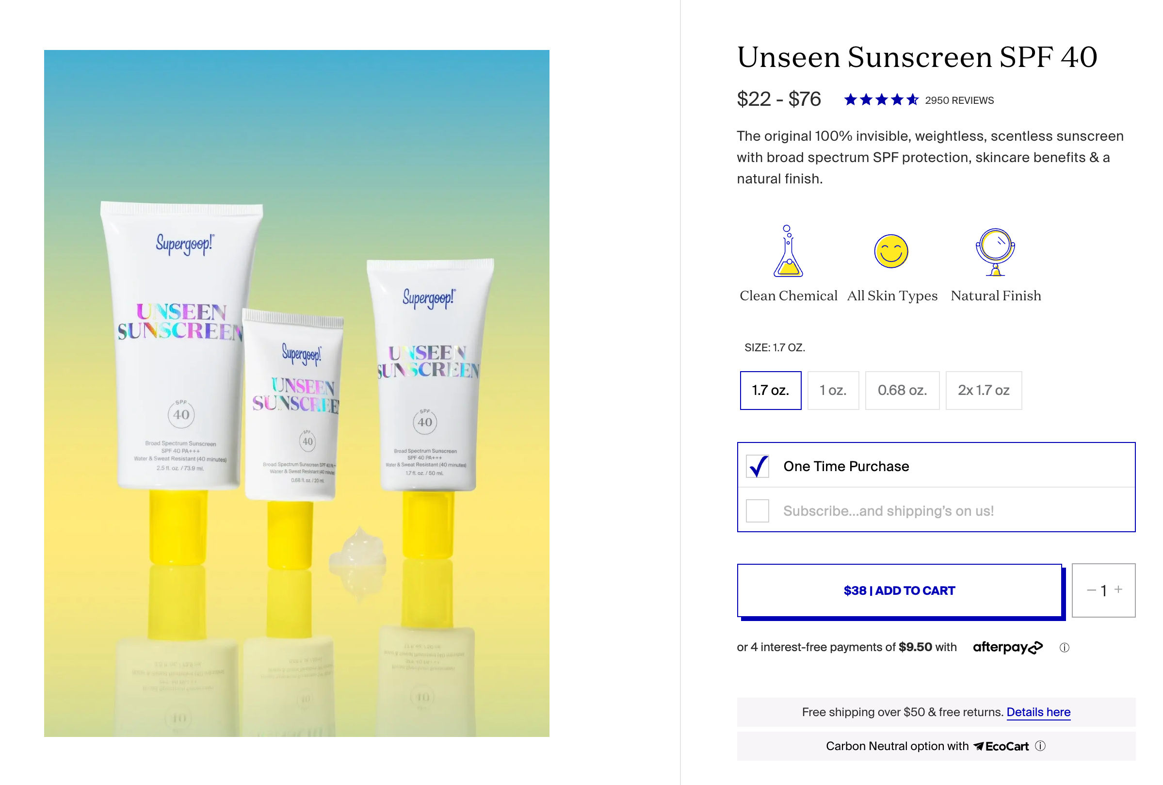 Screen grab of product page on the Supergoop ecommerce website