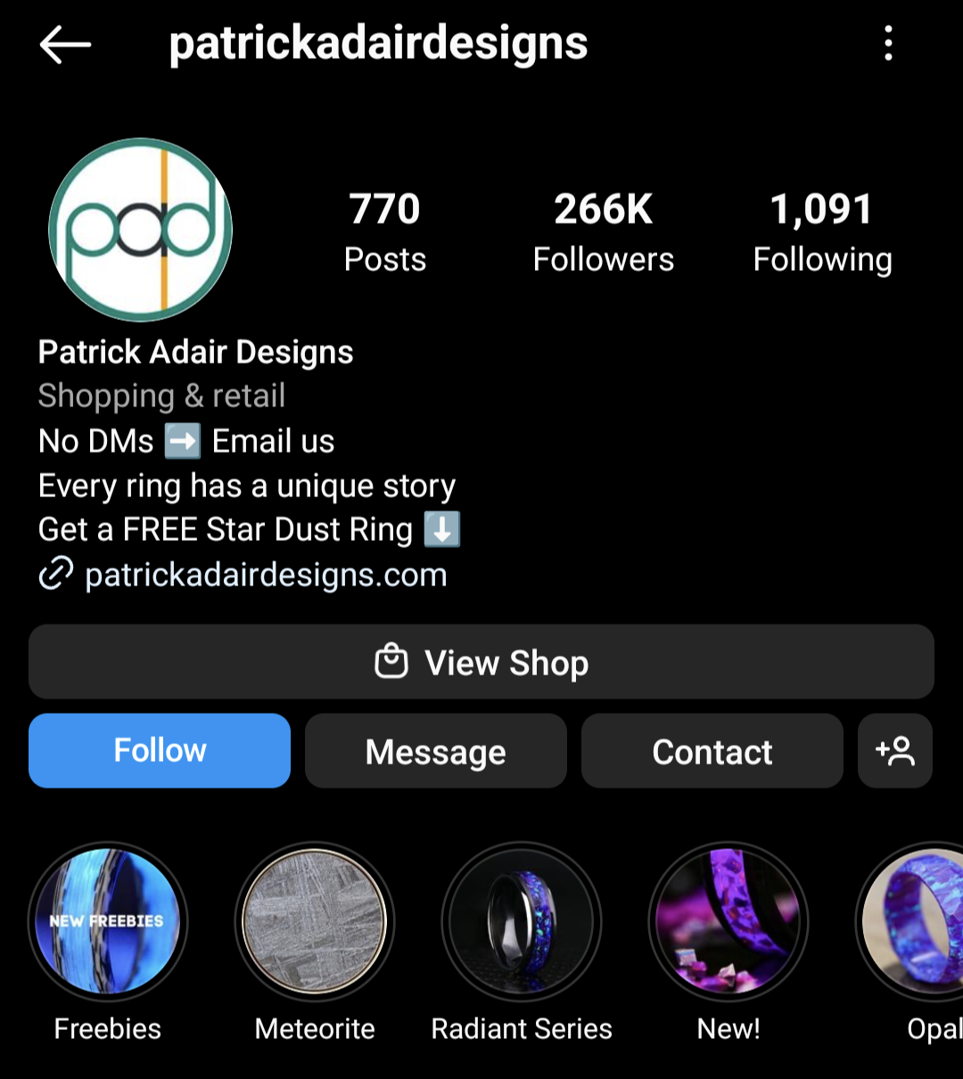 Designer Patrick Adair's Instagram bio uses emojis to direct users to links