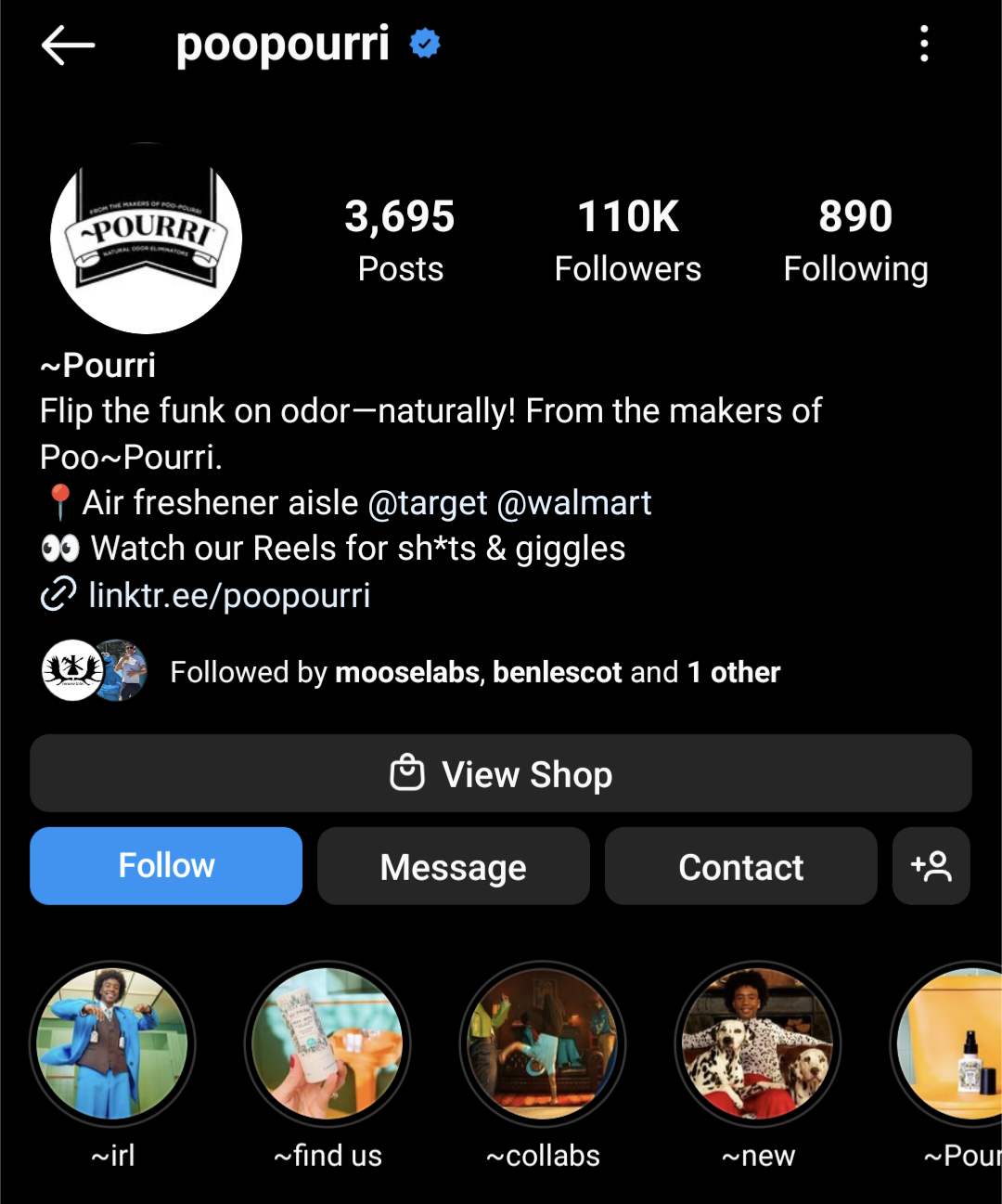 Poo-Pourri uses its Instagram bio to illustrate its funny brand voice