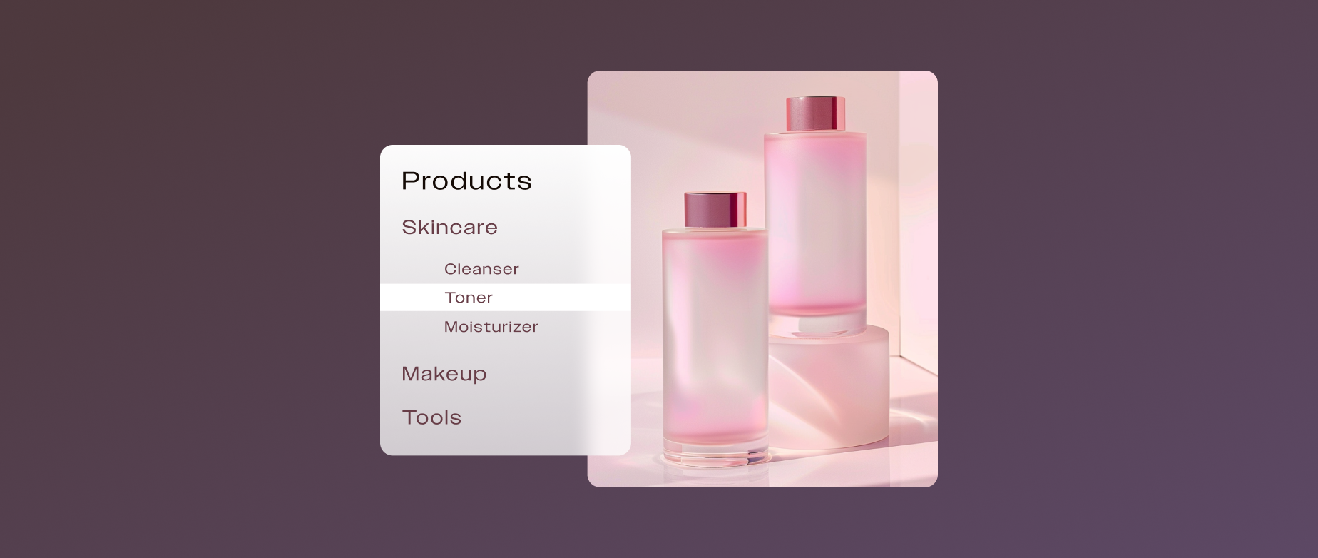 A cosmetic product display with a product category menu next to it on a dark purple background.