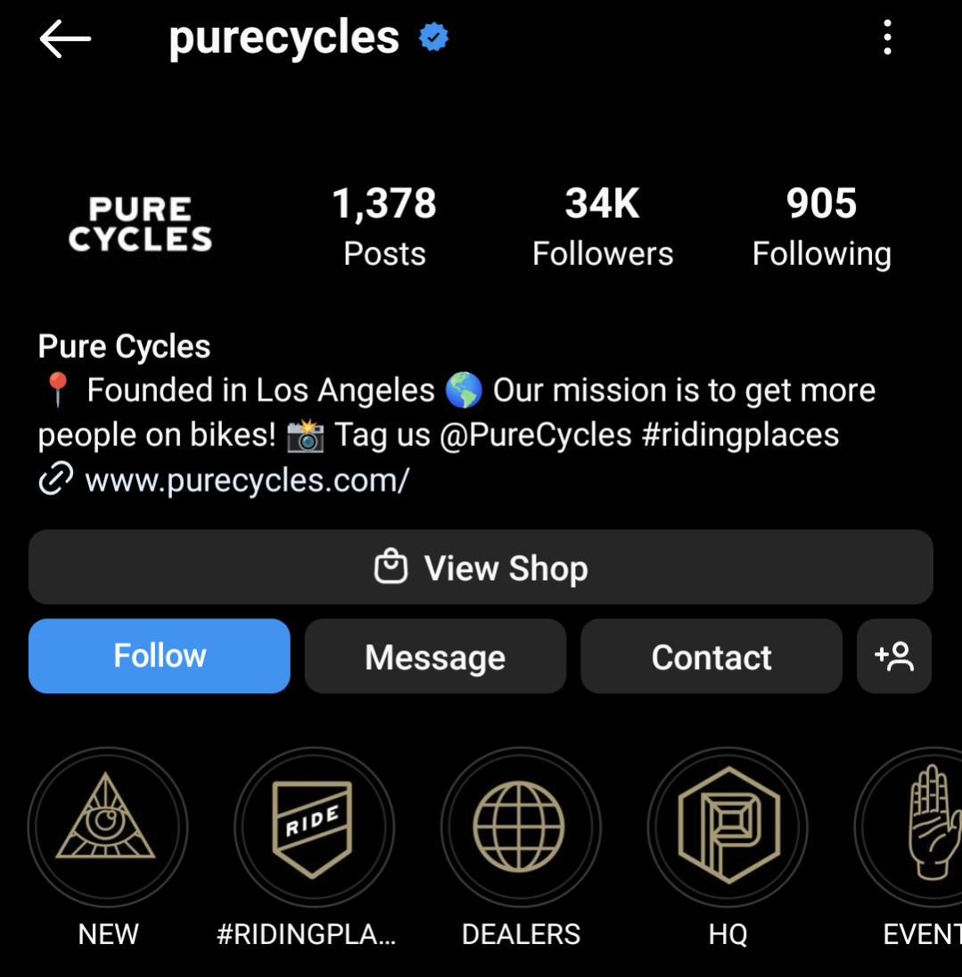 Pure Cycles has well-designed Stories thumbnails in its Instagram bio