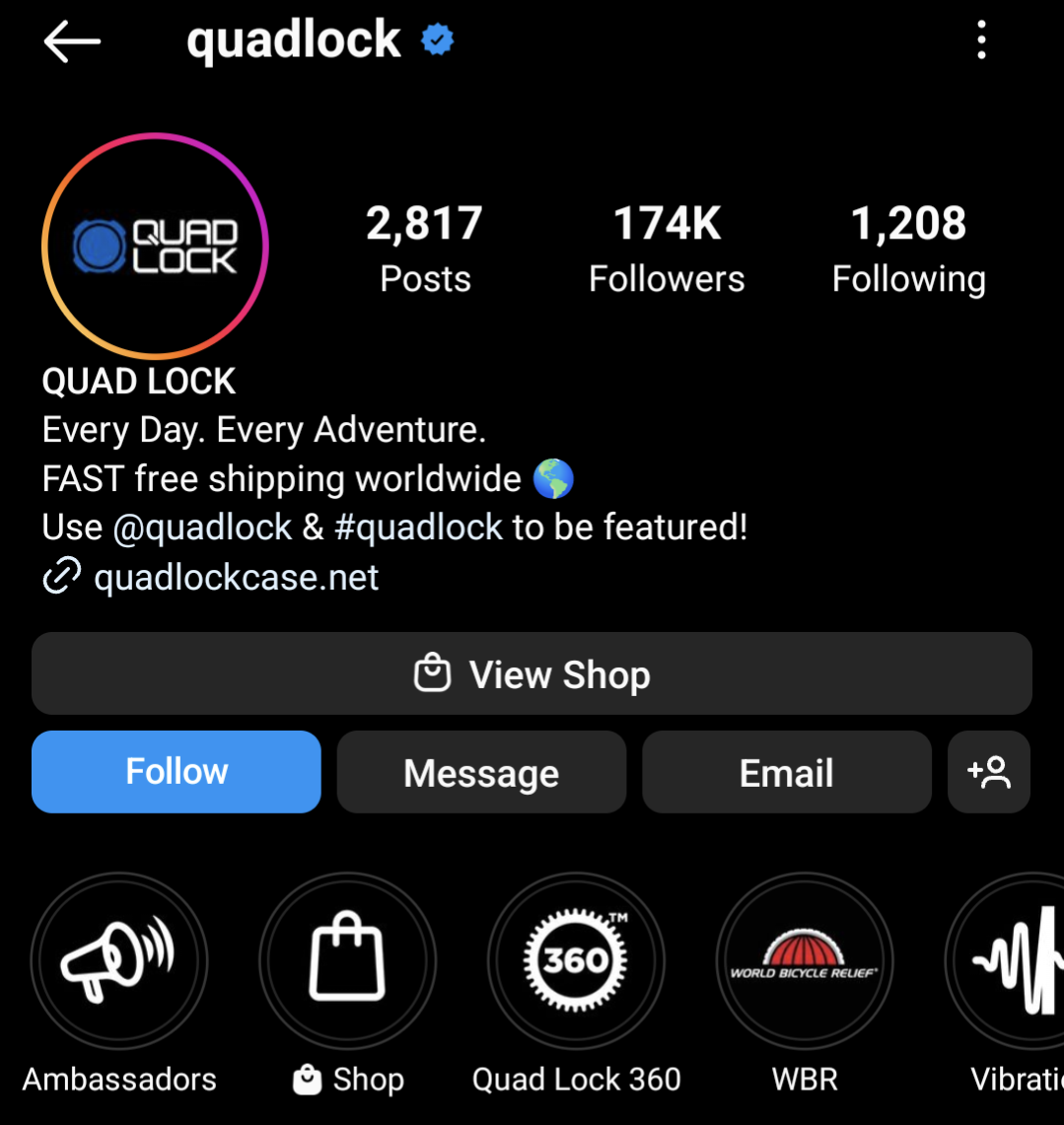 Quad Lock uses a uniform design for the story thumbnails in its Instagram bio