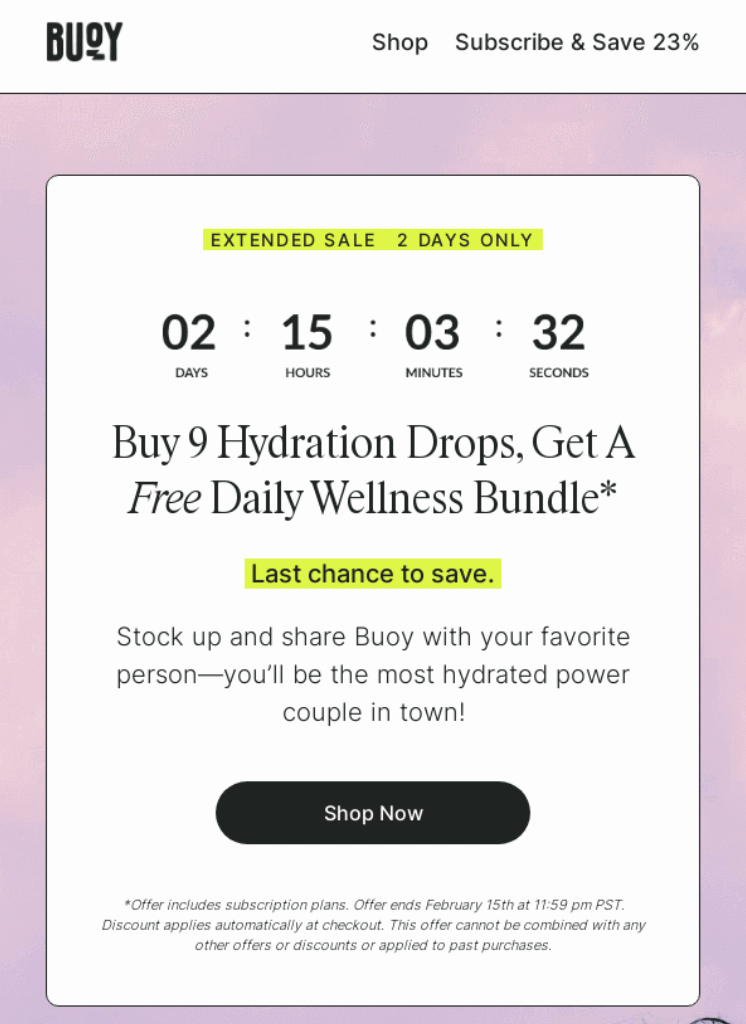 Email from Buoy promoting a sale. The email includes a countdown timer and a call-to-action button that says “Shop Now”.