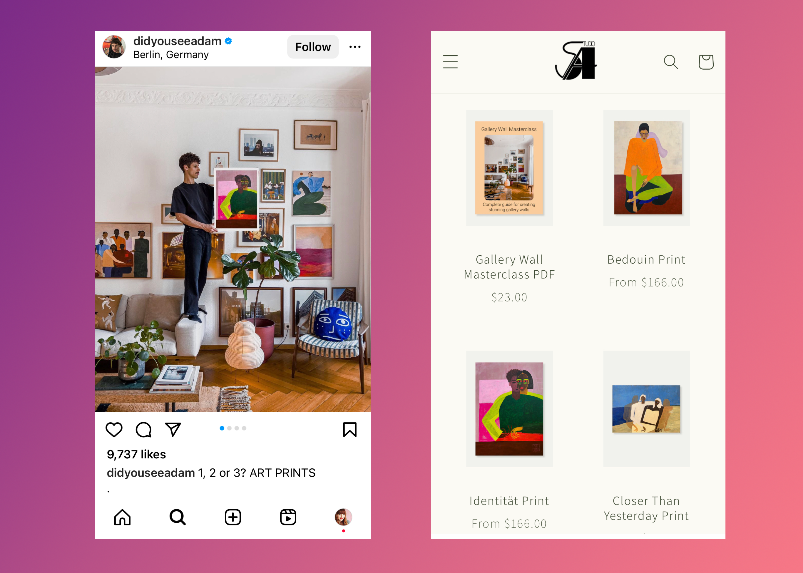 Side by side panels of mobile screens showing Instagram content and an art store