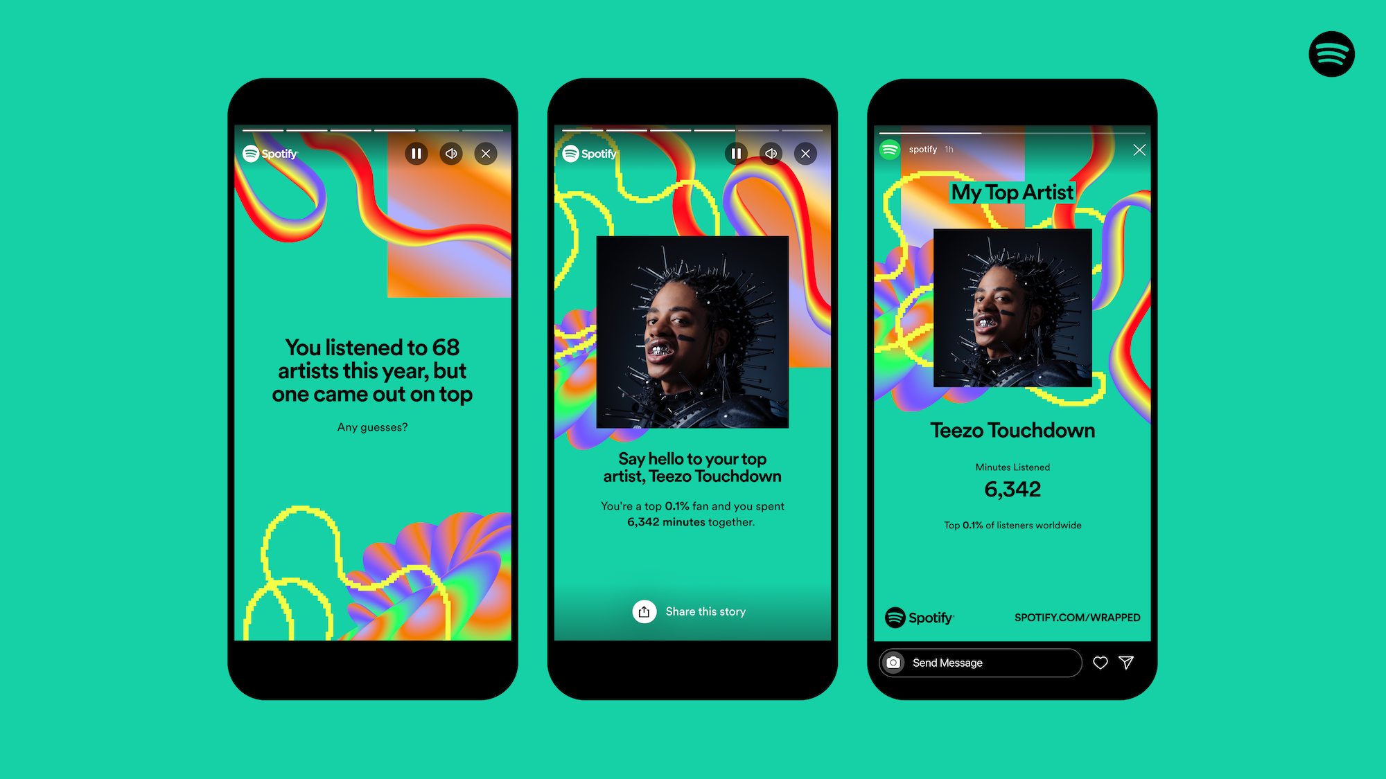 Spotify’s Wrapped campaign with artist images against a green background and psychedelic swirls.