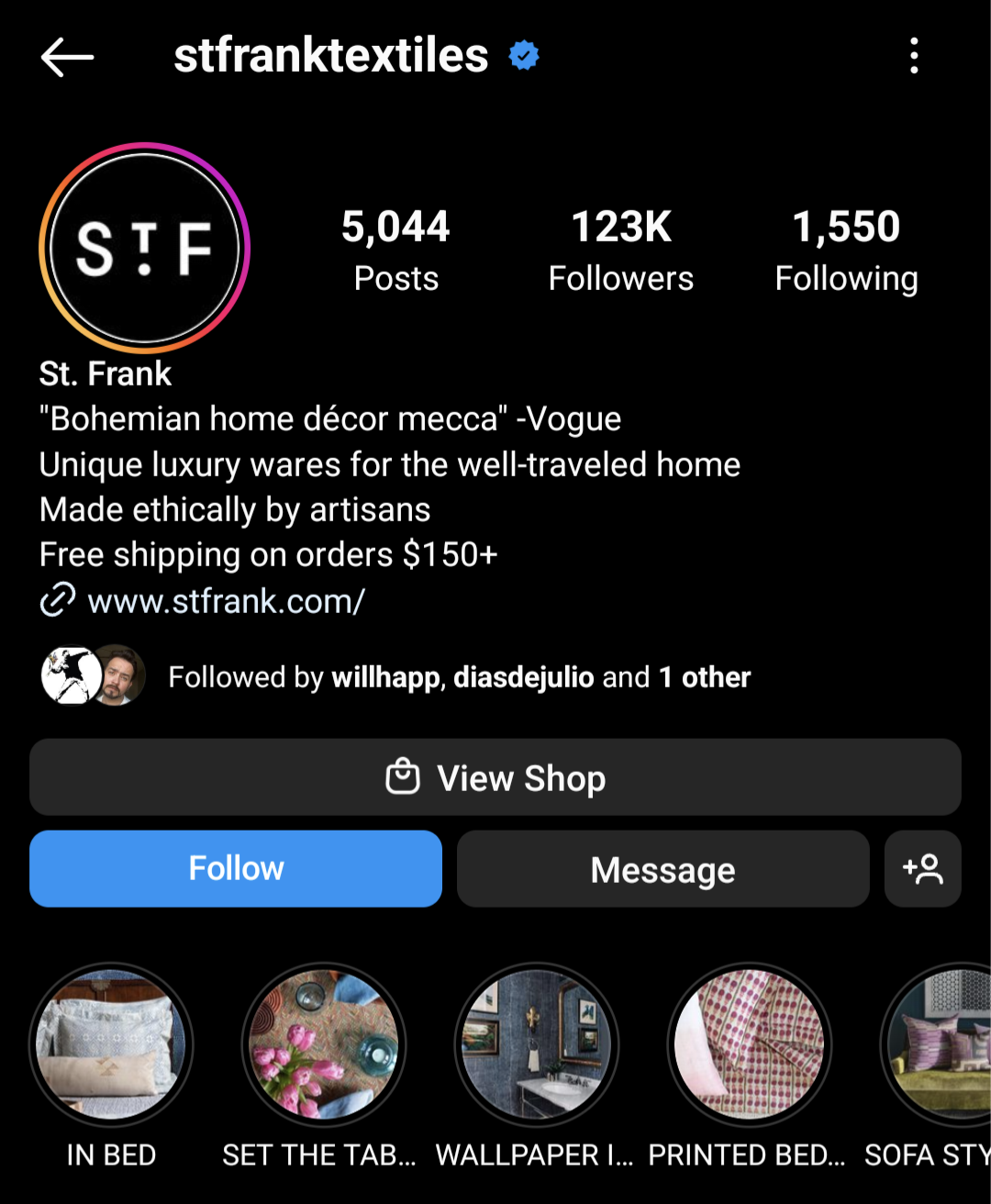 St Frank uses social proof in its Instagram bio