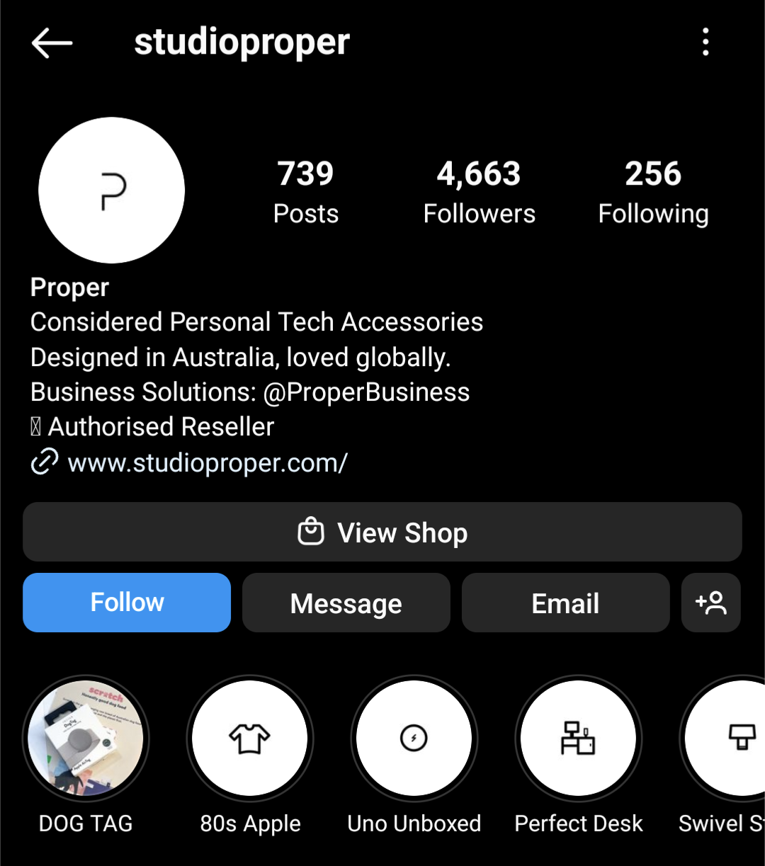 Studio Proper uses a white background on its stories in its Instagram bio