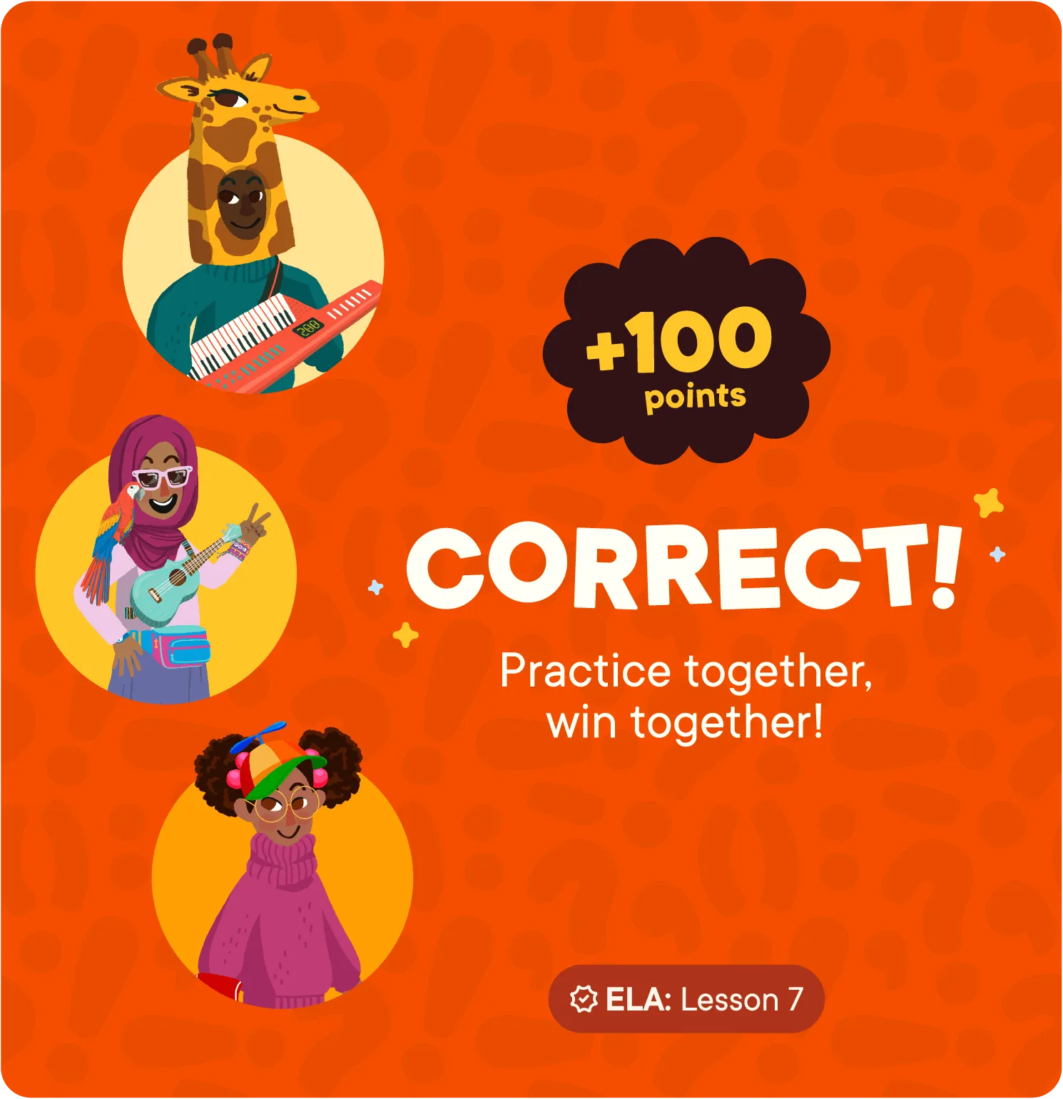 '+100 points Correct! practice together, win together!' Pear Practice card.