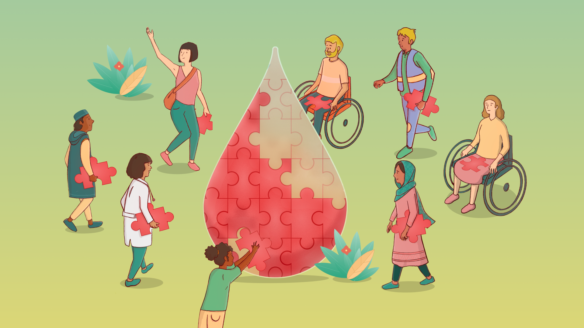 Illustration of people putting puzzle bits together that forms into a blood drop.