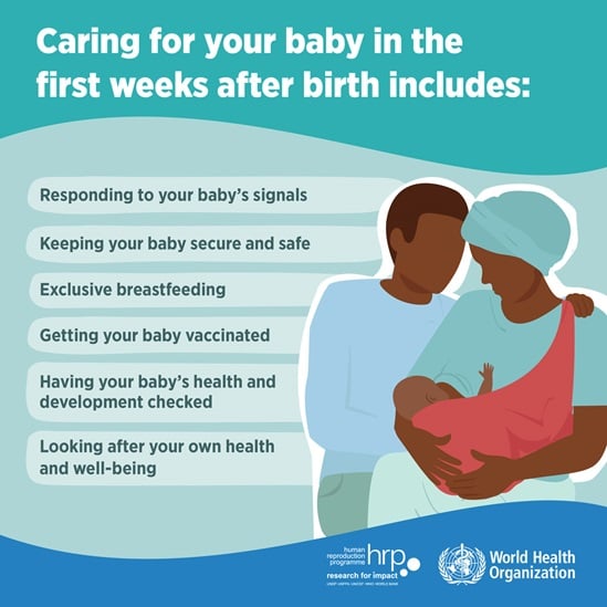 Infographic: Caring for your baby in the first weeks after birth includes: