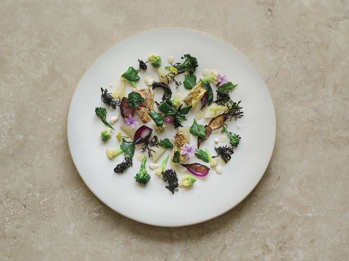 A carefully plated Paradise Valley vegetable salad highlighting farmer Peter Martinelli’s produce, slated for the reopening of Quince in San Francisco
