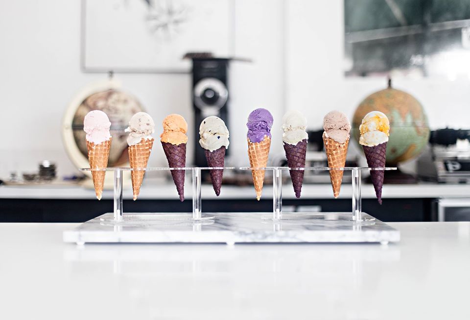 Eight scoops of ice cream on display from Wanderlust in Los Angeles.
