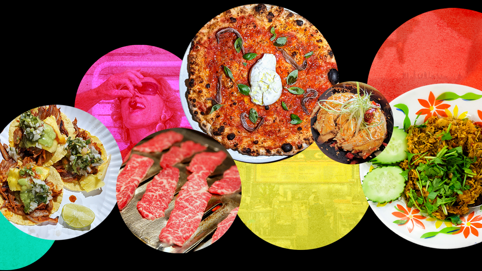Illustration with various foods from Los Angeles, including pizza, tacos, Korean barbecue meats, and fried rice.