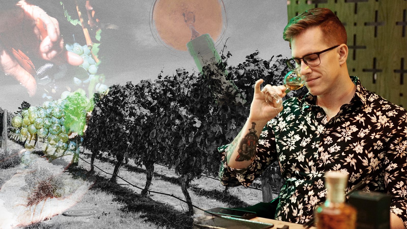 An illiustration of a man smelling a glass of wine with grape fields in the background. 