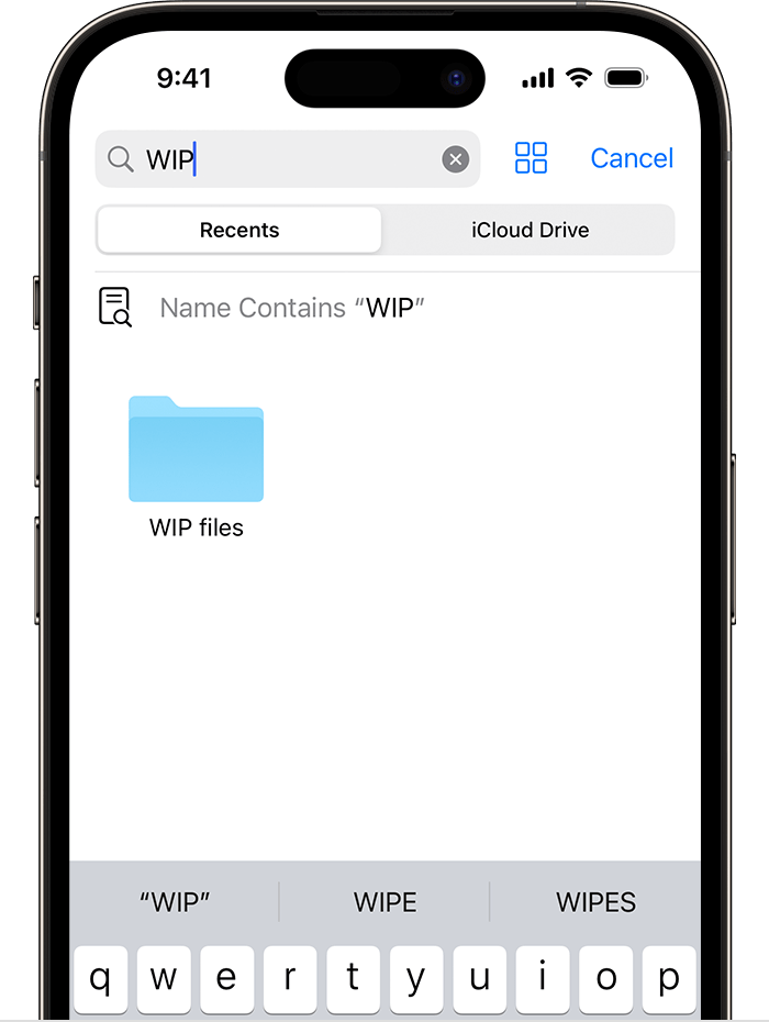 An image of the Files app on iPhone showing a search for “WIP” and a “WIP files” folder icon onscreen below. 