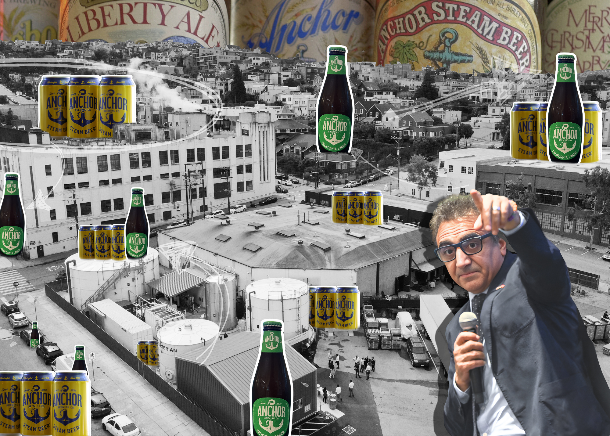 The image features a black-and-white photo of an industrial area with various Anchor Steam beer cans and bottles superimposed, and a man with a microphone pointing.