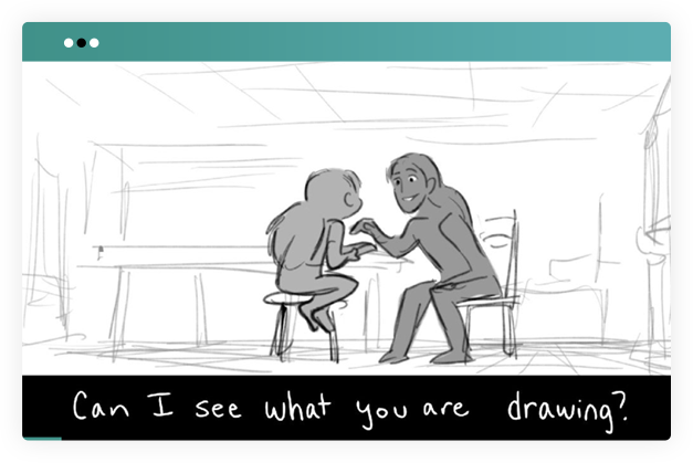 Storyboard panel showing two hand-drawn characters sitting at a table