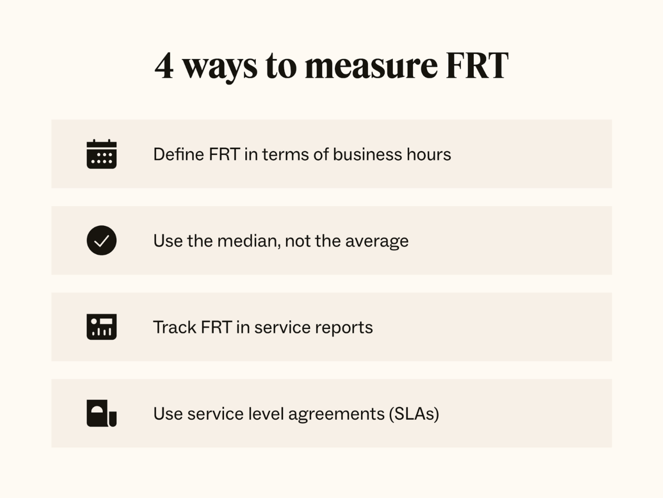 You can measure FRT by defining it in terms of business hours, using the median instead of the average, tracking FRT in service reports, and using SLAs.