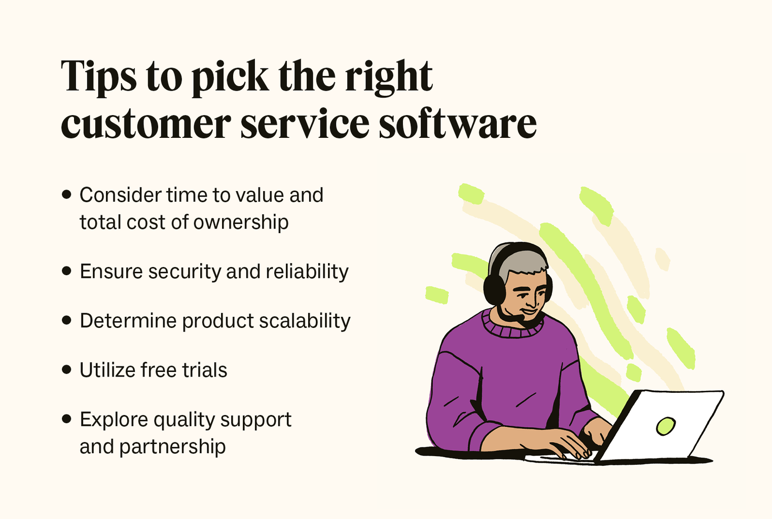 A graphic lists five tips for choosing the right customer service software for your business.