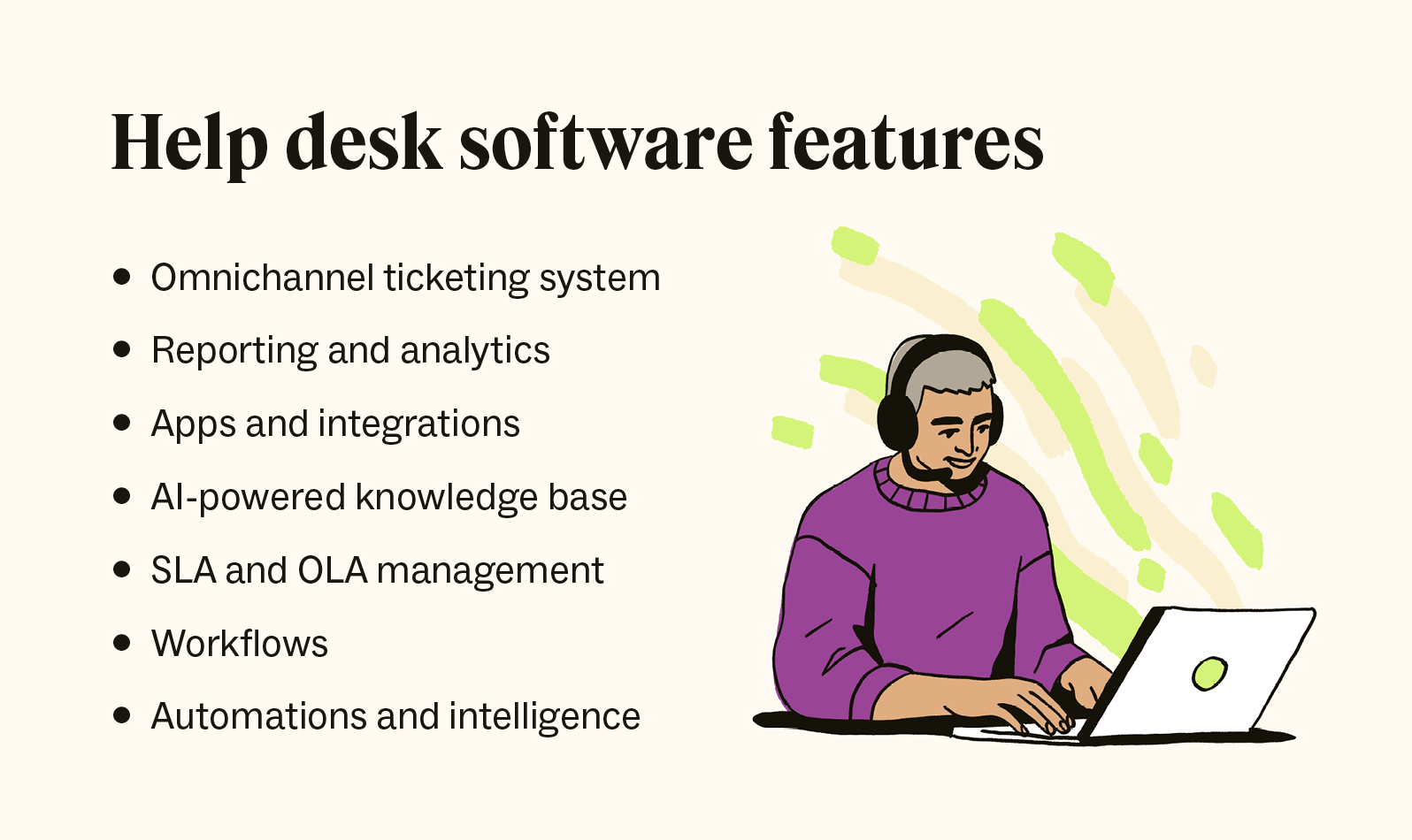 An illustration shows an agent using a laptop next to a list of key help desk software features.